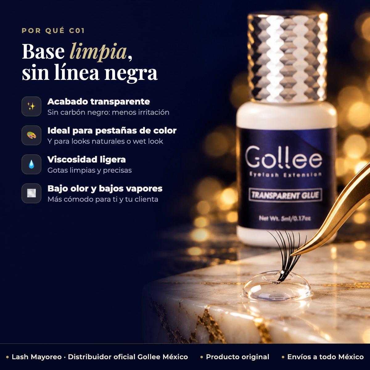 Adhesivo Transparente para Extensiones de Pestañas Gollee C01 5 ml — beneficios | Lash Mayoreo