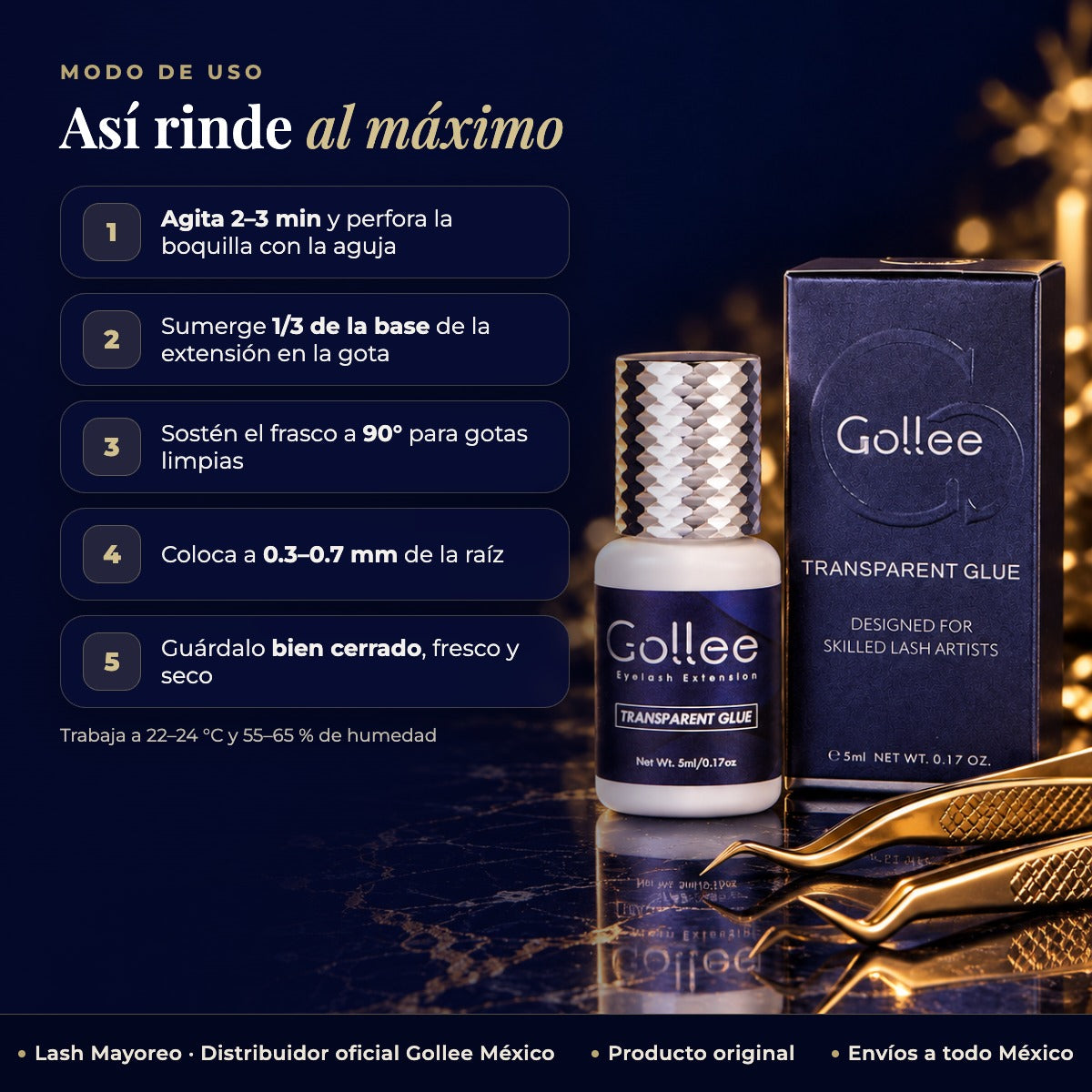 Adhesivo Transparente para Extensiones de Pestañas Gollee C01 5 ml — modo de uso | Lash Mayoreo