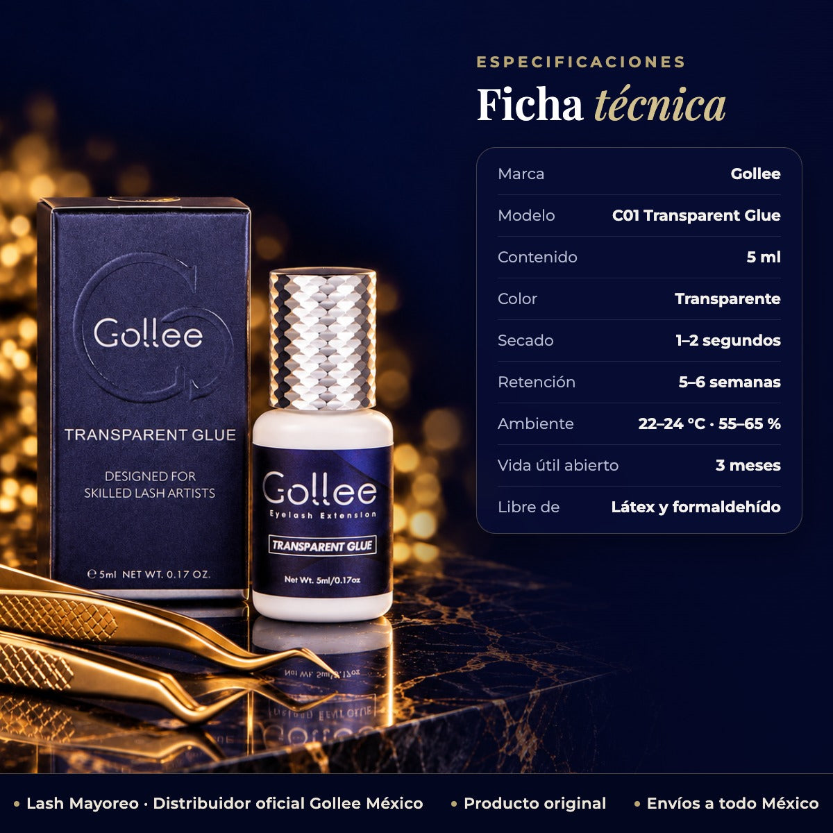Adhesivo Transparente para Extensiones de Pestañas Gollee C01 5 ml — ficha | Lash Mayoreo