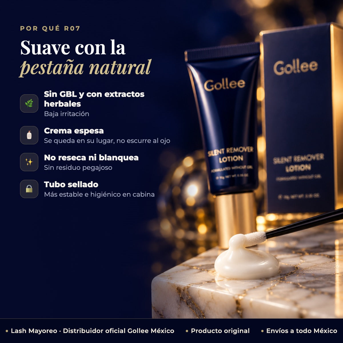 Removedor en Crema para Extensiones de Pestañas Gollee R07 sin GBL 10 g — beneficios | Lash Mayoreo