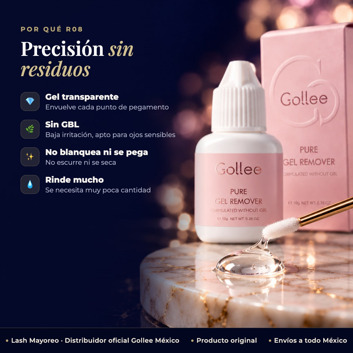 Removedor en Gel para Extensiones de Pestañas Gollee R08 sin GBL 10 g — beneficios | Lash Mayoreo