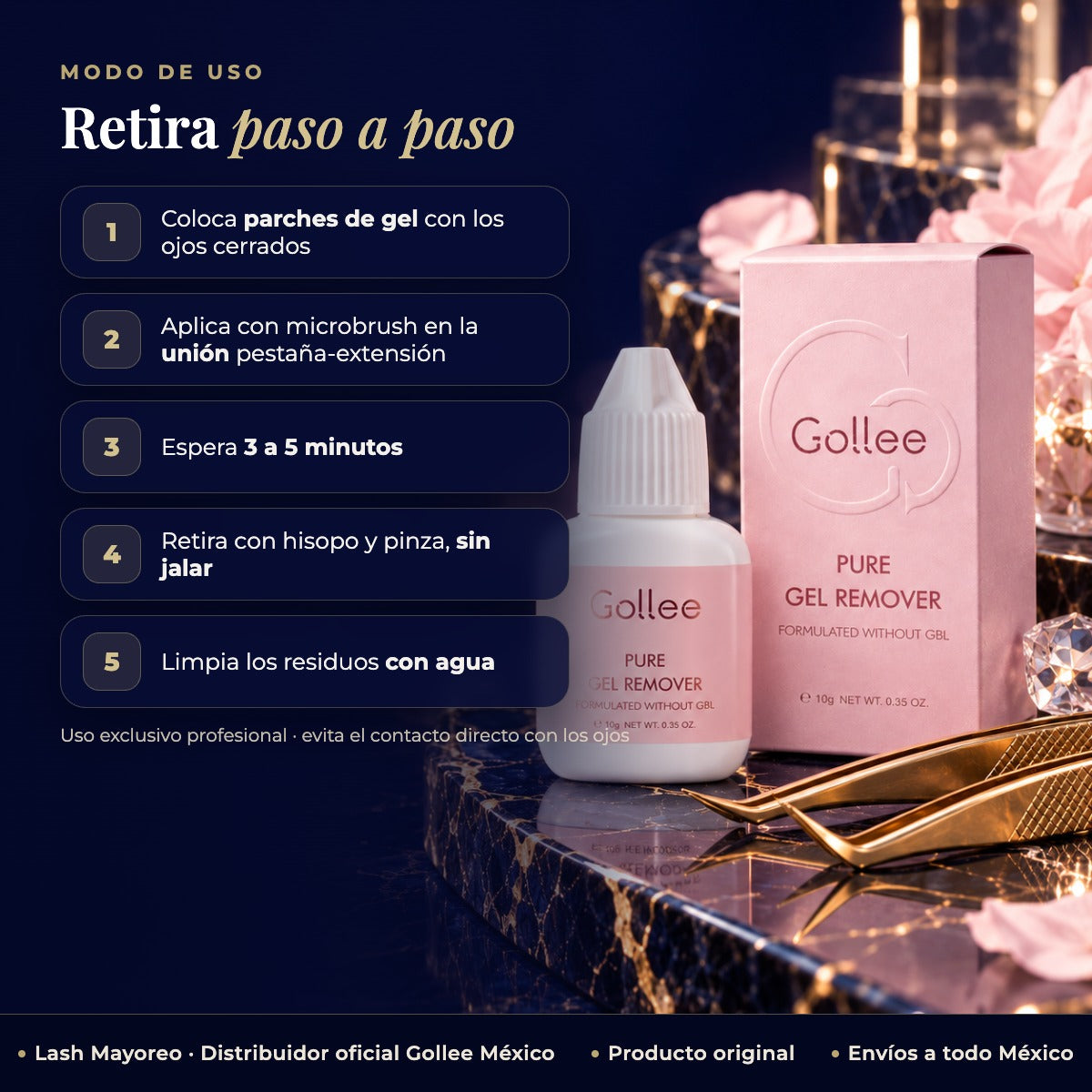 Removedor en Gel para Extensiones de Pestañas Gollee R08 sin GBL 10 g — modo de uso | Lash Mayoreo