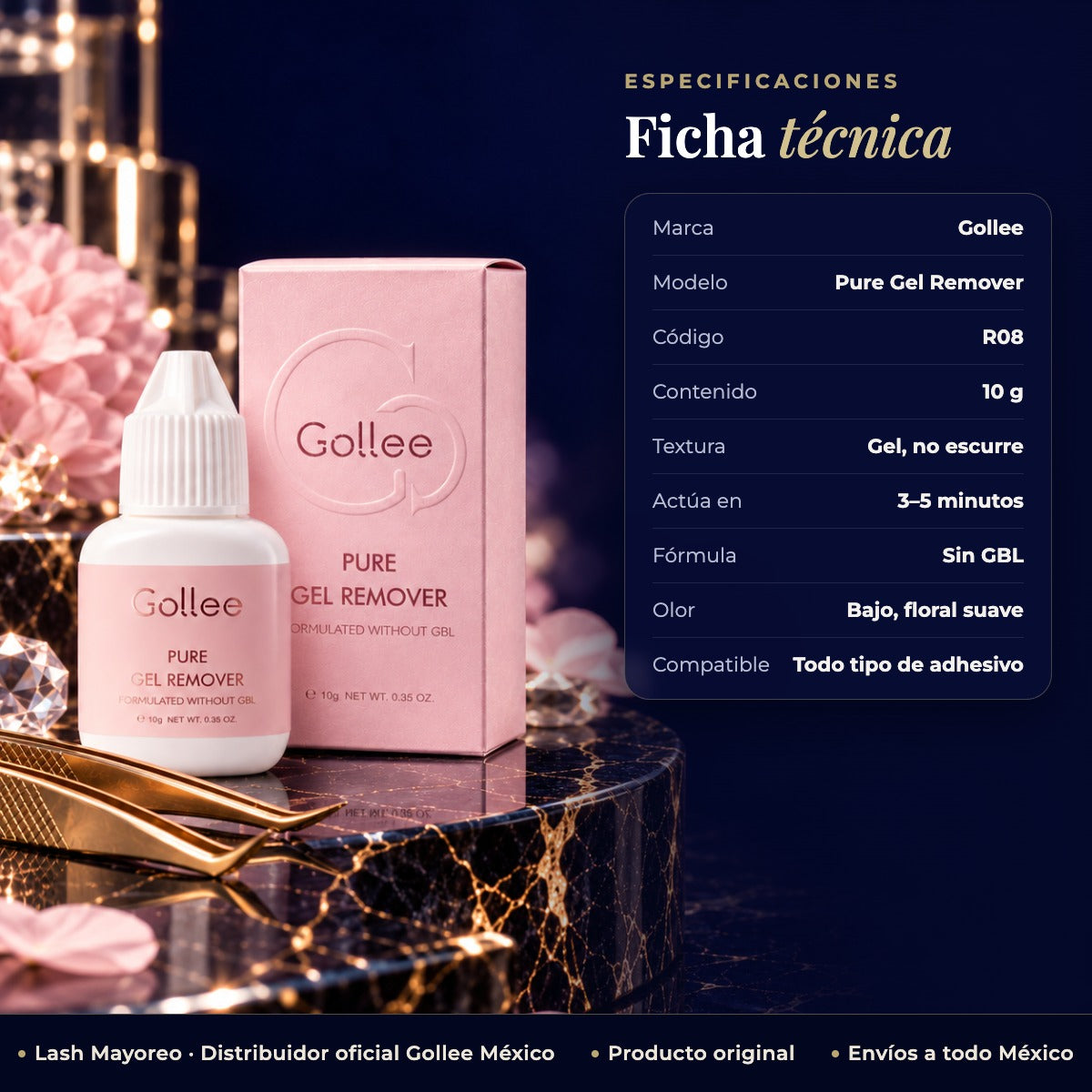 Removedor en Gel para Extensiones de Pestañas Gollee R08 sin GBL 10 g — ficha | Lash Mayoreo