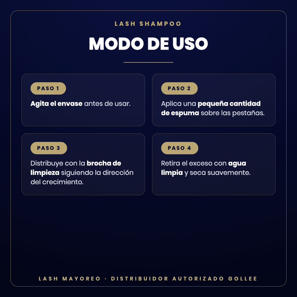 Lash Shampoo espuma limpiadora Gollee — modo de uso | Lash Mayoreo