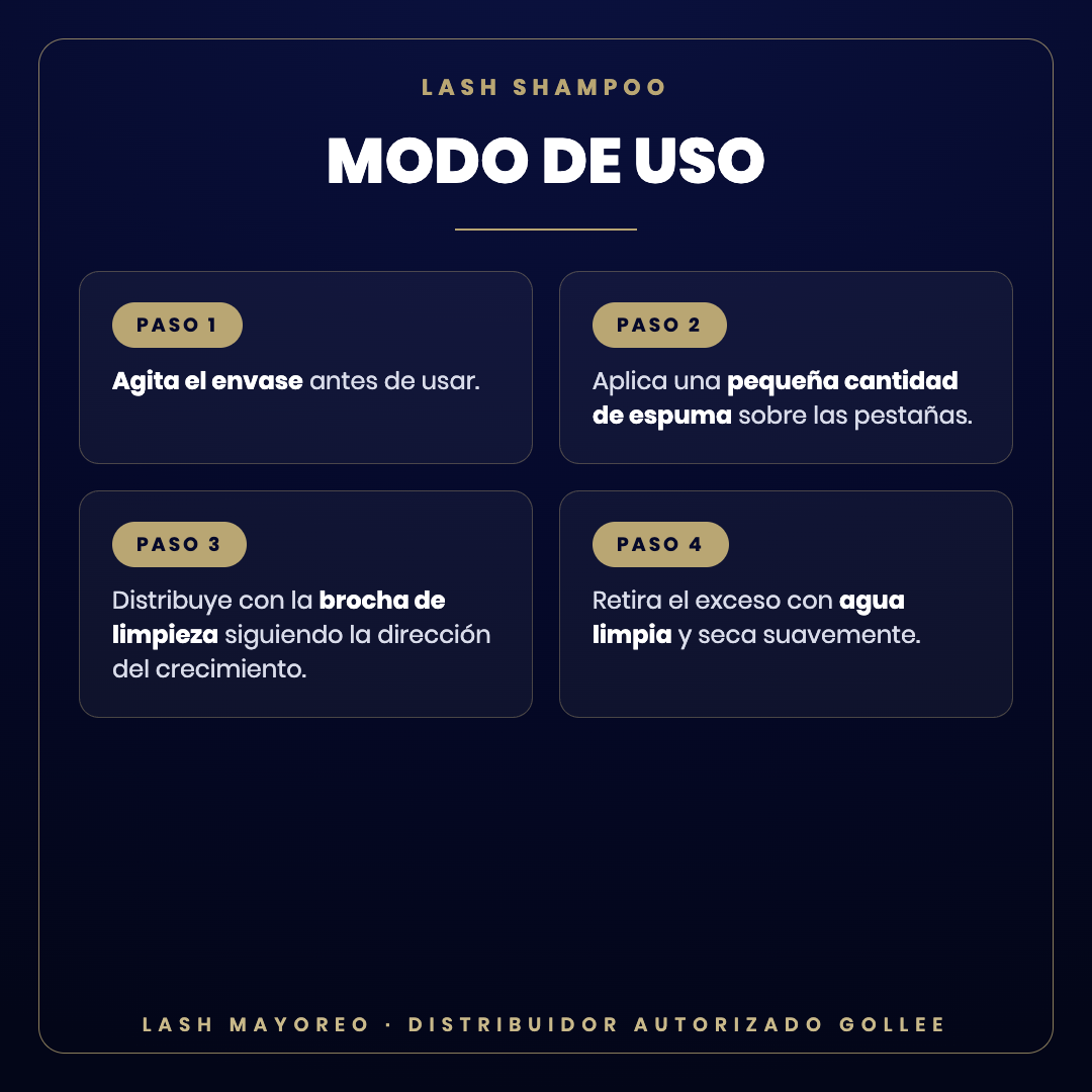Lash Shampoo espuma limpiadora Gollee — modo de uso | Lash Mayoreo