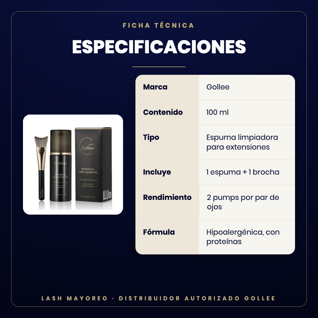 Lash Shampoo espuma limpiadora Gollee — especificaciones | Lash Mayoreo