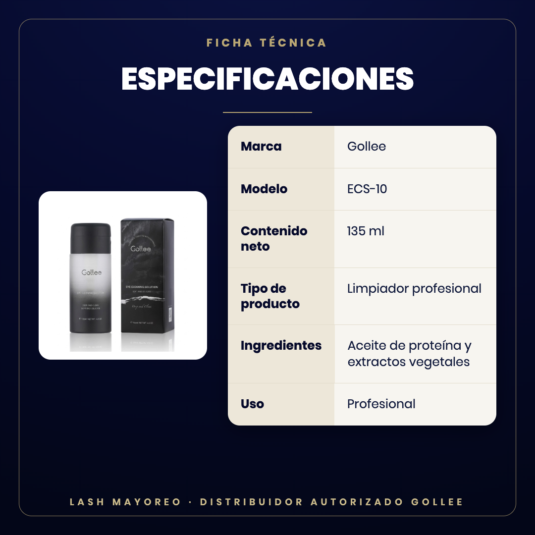 Limpiador profesional ECS-10 135 ml Gollee — especificaciones | Lash Mayoreo