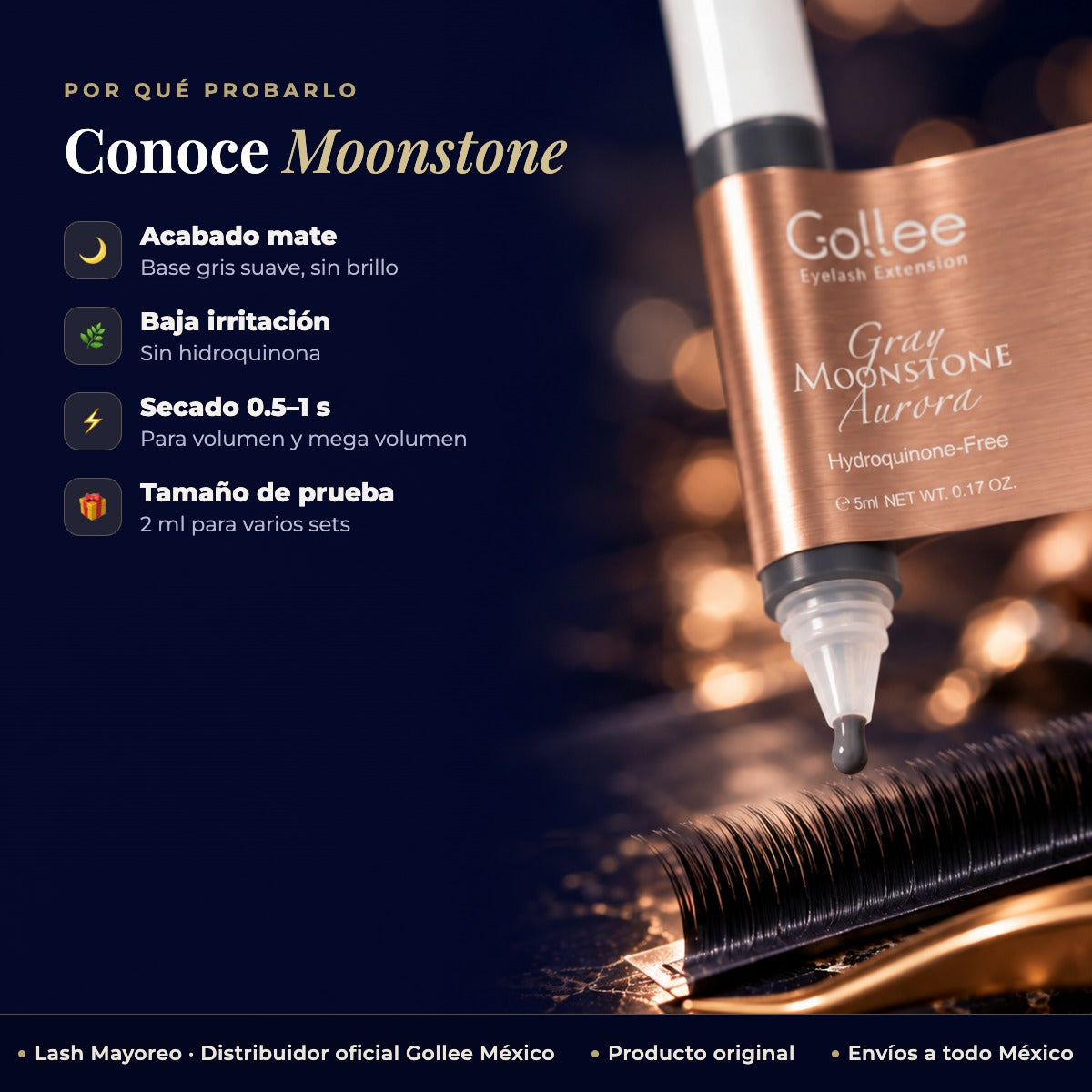 Muestra Adhesivo Moonstone 2 ml Gollee — Beneficios | Lash Mayoreo