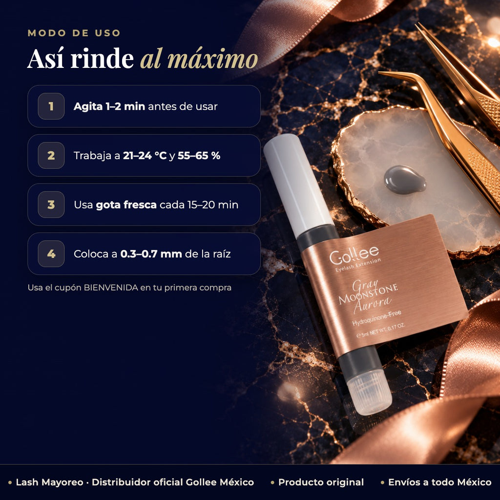 Muestra Adhesivo Moonstone 2 ml Gollee — Modo de uso | Lash Mayoreo
