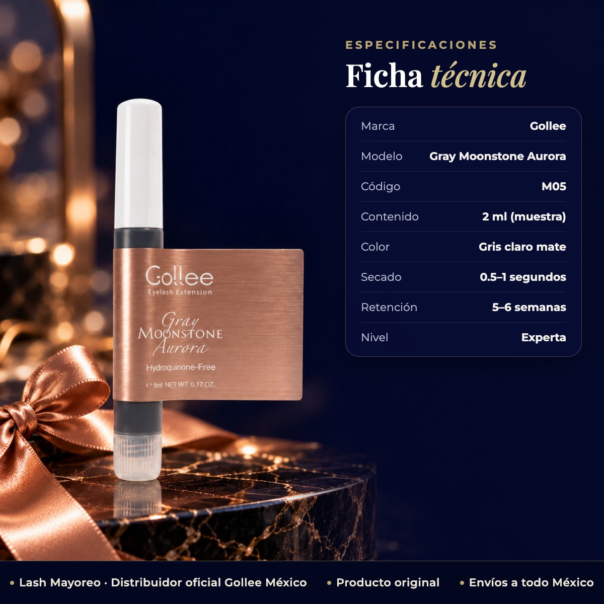Muestra Adhesivo Moonstone 2 ml Gollee — Ficha técnica | Lash Mayoreo