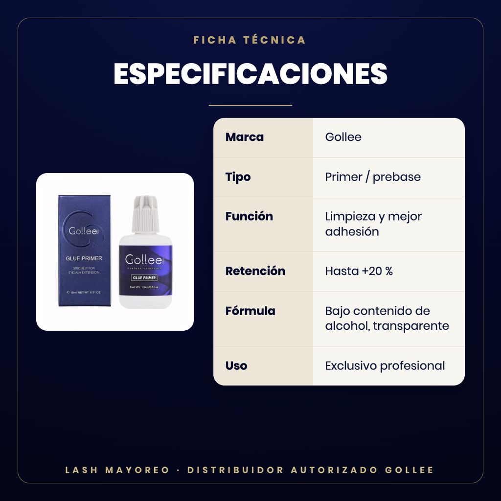 Primer para extensiones Gollee — especificaciones | Lash Mayoreo