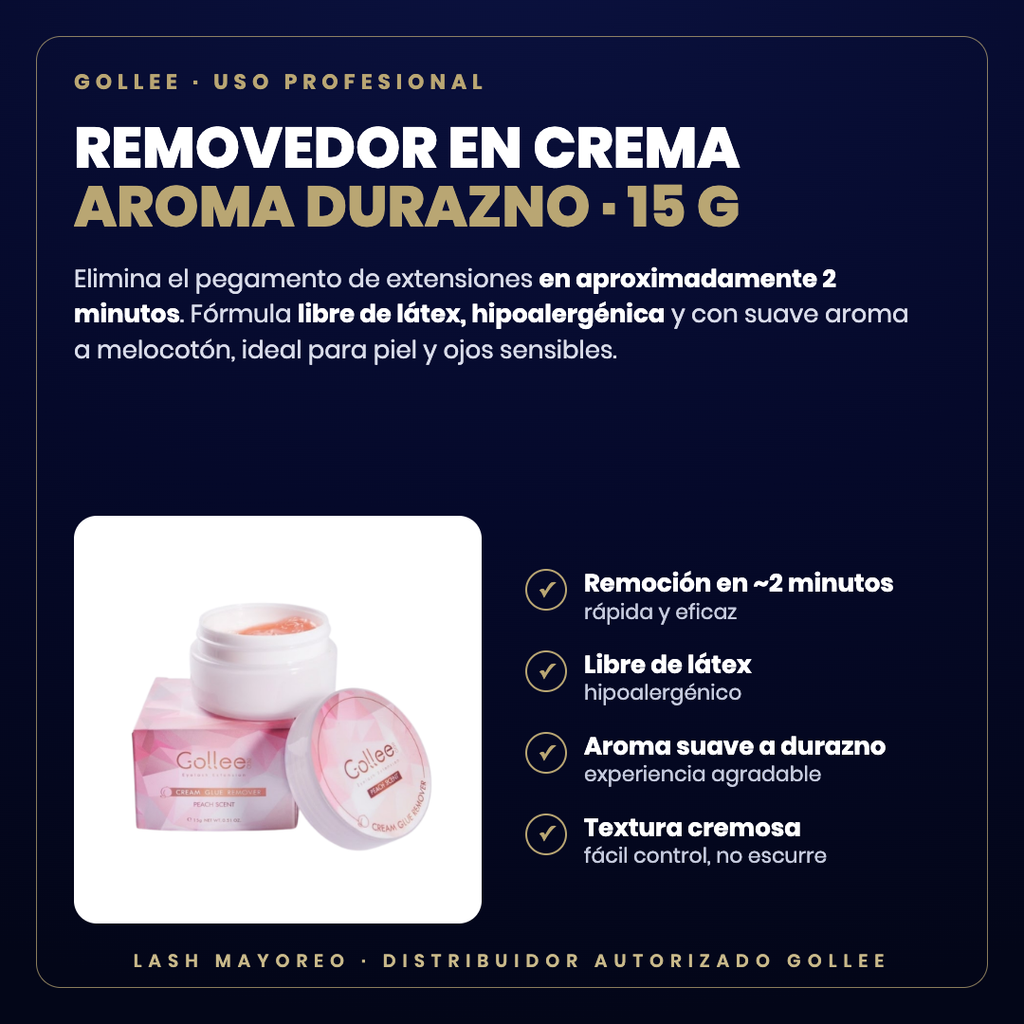 Removedor en crema durazno Gollee — descripción y beneficios | Lash Mayoreo