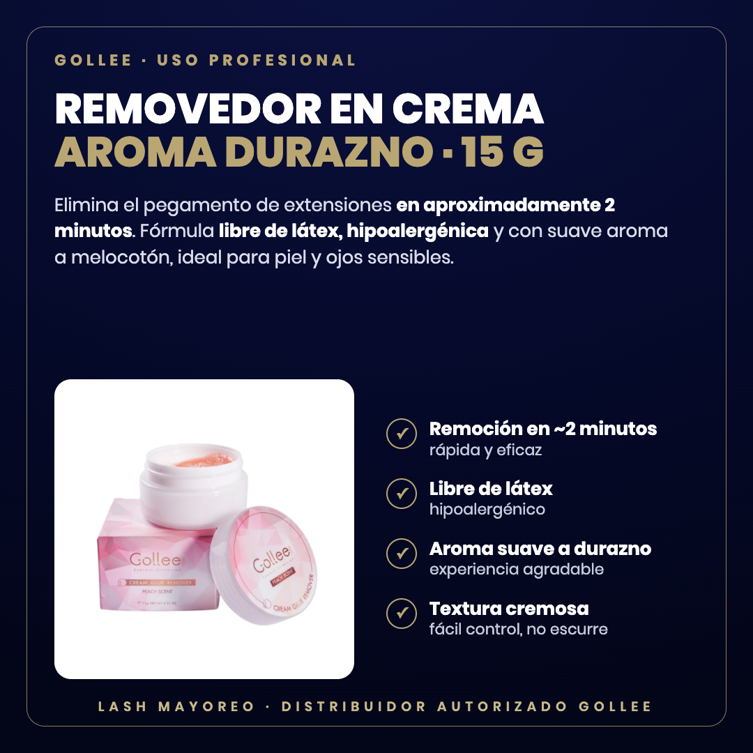 Removedor en crema durazno Gollee — descripción y beneficios | Lash Mayoreo