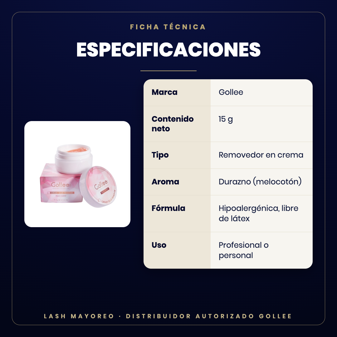 Removedor en crema durazno Gollee — especificaciones | Lash Mayoreo